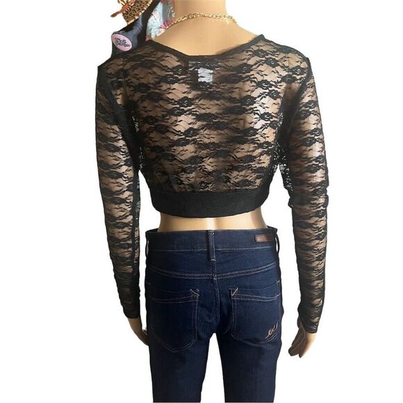CW Classics Women's Lace See-Through Long Sleeve Crop Top Black Medium - Picture 3 of 5